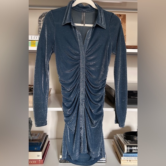 Long-Sleeve Sheer Mesh Ruched Mini Dress - Picture 1 of 4